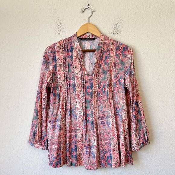 PERUVIAN CONNECTION Blouse Floral Paisley Pleated V-Neck Boho Hippie - Picture 1 of 9